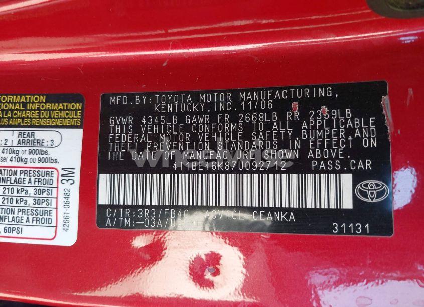 Photo 9 of 2007 Toyota Camry LE (VIN 4T1BE46K87U092712)