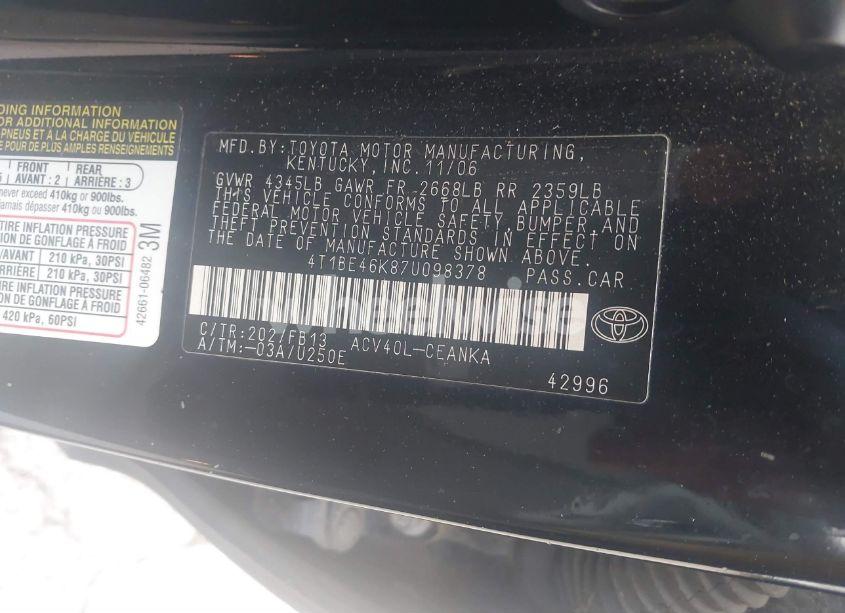 Photo 9 of 2007 Toyota Camry LE (VIN 4T1BE46K87U098378)