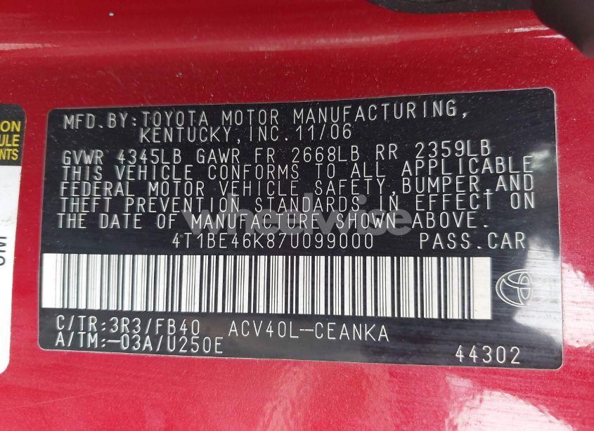 Photo 9 of 2007 Toyota Camry LE (VIN 4T1BE46K87U099000)