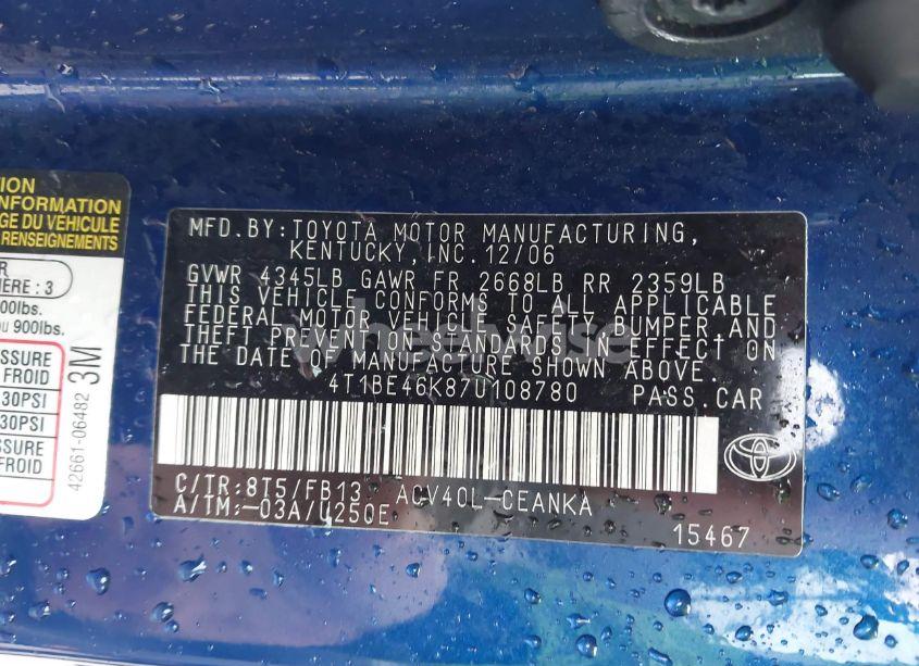 Photo 9 of 2007 Toyota Camry LE (VIN 4T1BE46K87U108780)