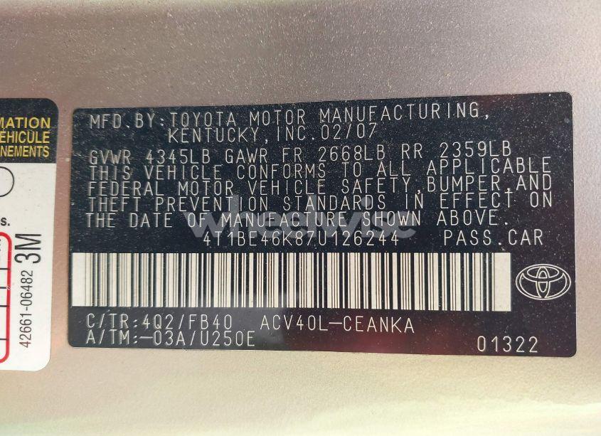 Photo 9 of 2007 Toyota Camry LE (VIN 4T1BE46K87U126244)