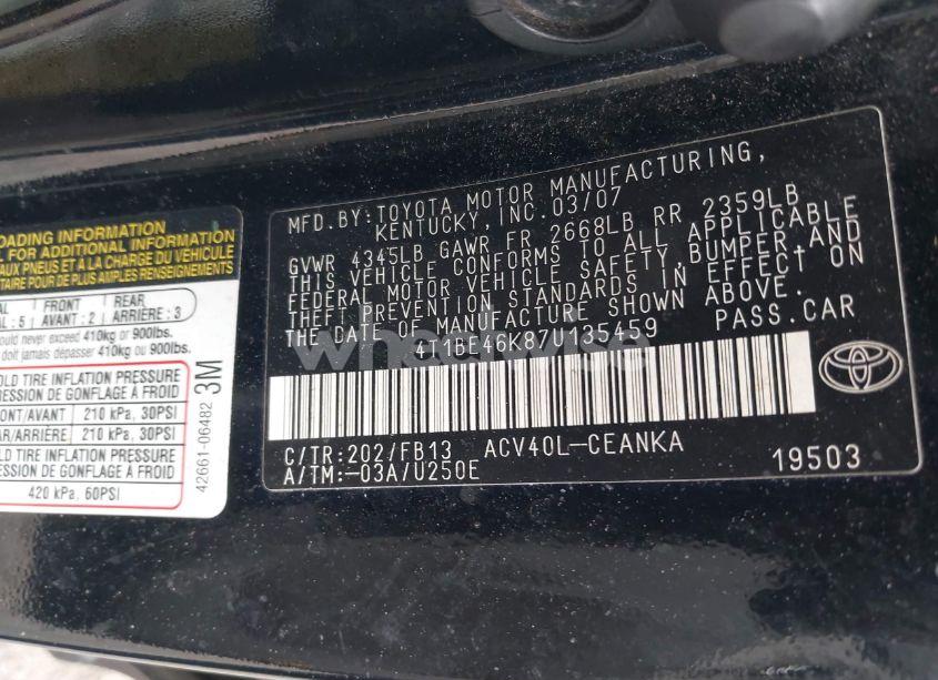 Photo 9 of 2007 Toyota Camry LE (VIN 4T1BE46K87U135459)