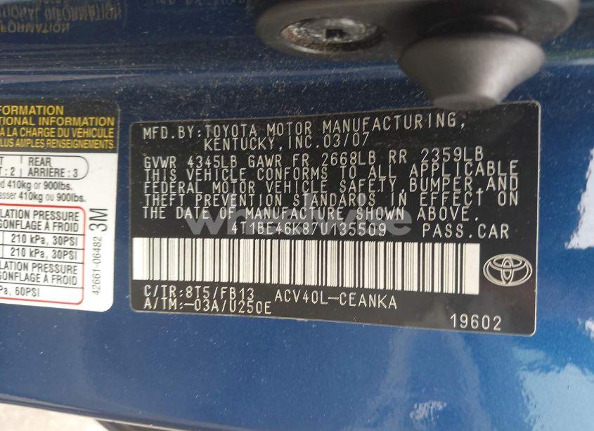 Photo 9 of 2007 Toyota Camry LE (VIN 4T1BE46K87U135509)