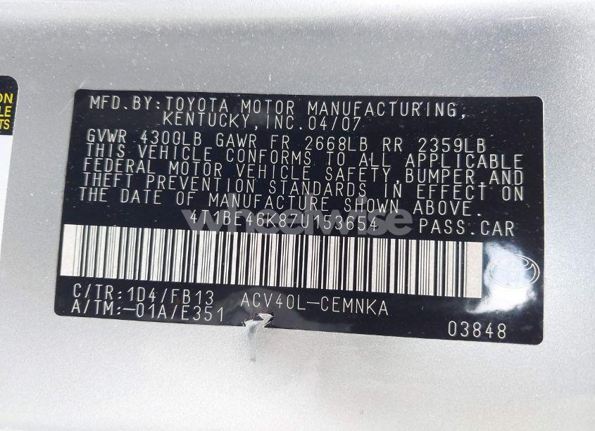 Photo 9 of 2007 Toyota Camry LE (VIN 4T1BE46K87U153654)