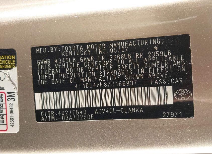 Photo 9 of 2007 Toyota Camry LE (VIN 4T1BE46K87U166937)