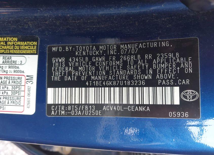 Photo 9 of 2007 Toyota Camry CE (VIN 4T1BE46K87U183236)