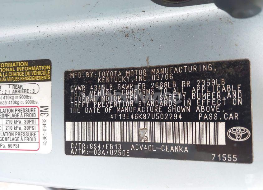 Photo 9 of 2007 Toyota Camry LE (VIN 4T1BE46K87U502294)