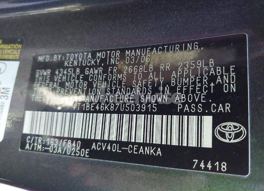 Photo 9 of 2007 Toyota Camry LE (VIN 4T1BE46K87U503915)