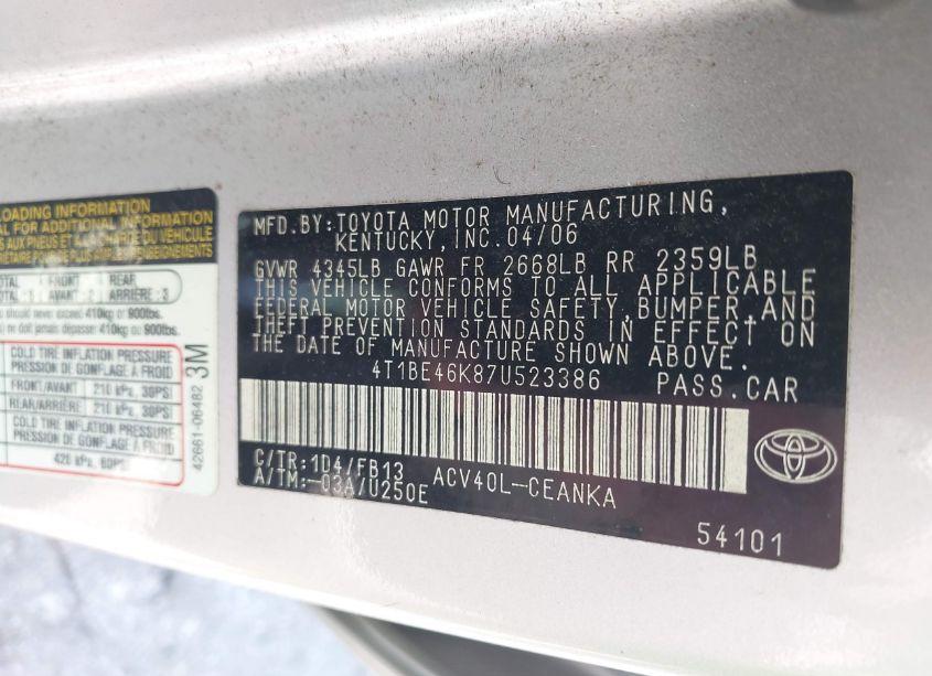 Photo 9 of 2007 Toyota Camry LE (VIN 4T1BE46K87U523386)
