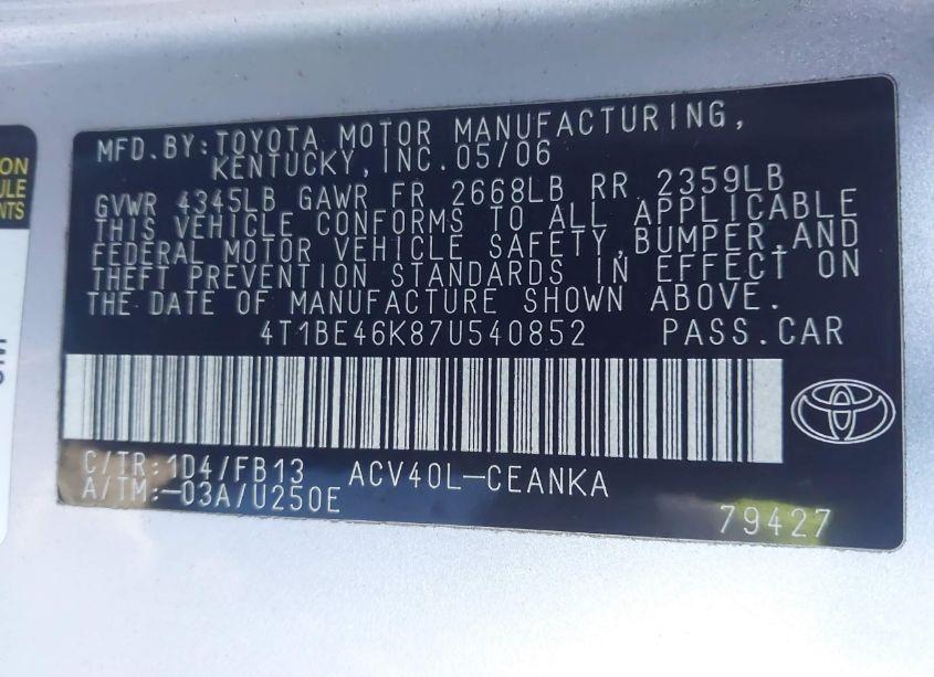 Photo 9 of 2007 Toyota Camry LE (VIN 4T1BE46K87U540852)