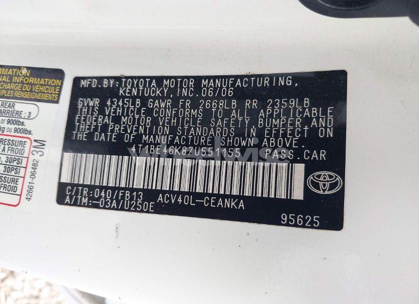 Photo 9 of 2007 Toyota Camry CE/LE/SE/XLE (VIN 4T1BE46K87U551155)