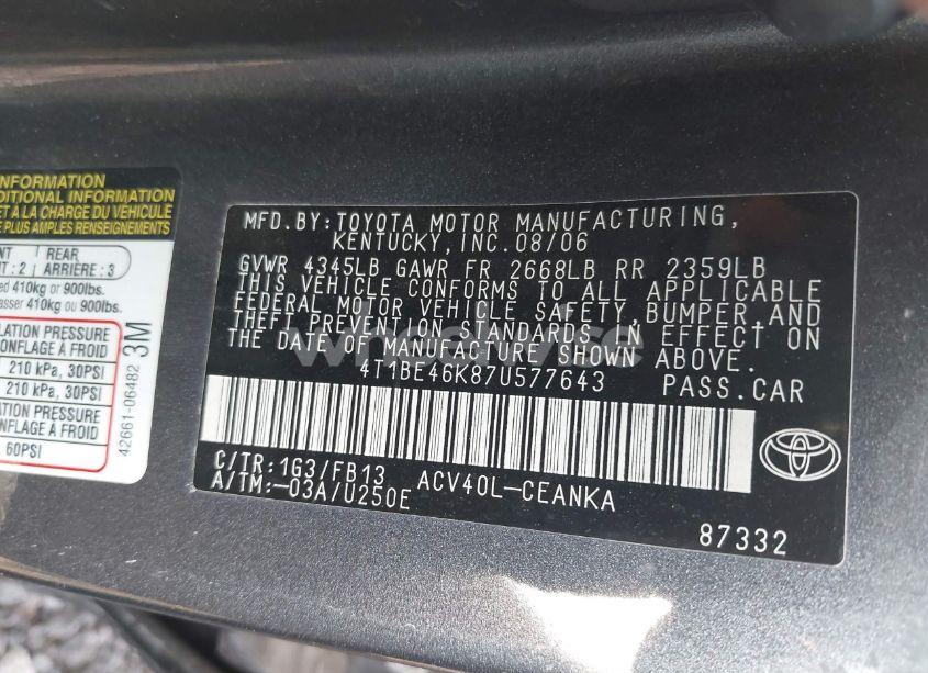 Photo 9 of 2007 Toyota Camry LE (VIN 4T1BE46K87U577643)