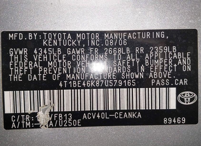 Photo 9 of 2007 Toyota Camry LE (VIN 4T1BE46K87U579165)