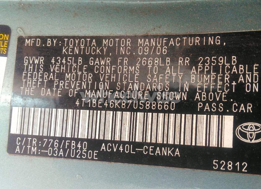 Photo 9 of 2007 Toyota Camry LE (VIN 4T1BE46K87U588660)