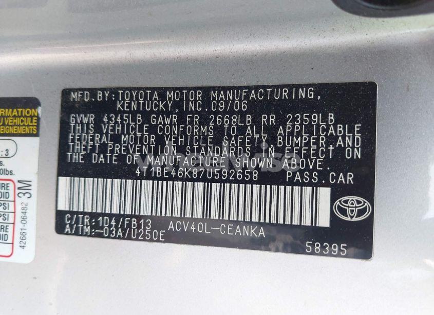 Photo 9 of 2007 Toyota Camry LE (VIN 4T1BE46K87U592658)