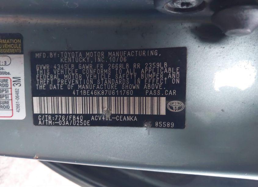 Photo 9 of 2007 Toyota Camry LE (VIN 4T1BE46K87U611760)