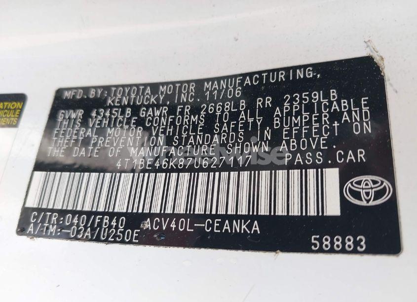 Photo 9 of 2007 Toyota Camry LE (VIN 4T1BE46K87U627117)