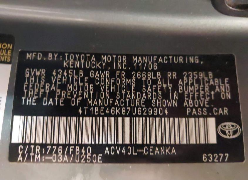 Photo 9 of 2007 Toyota Camry LE (VIN 4T1BE46K87U629904)