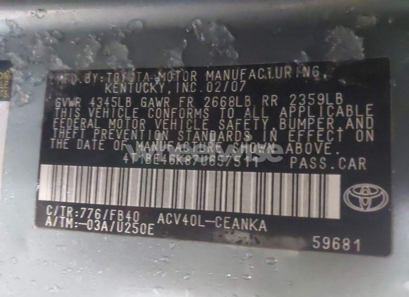 Photo 9 of 2007 Toyota Camry LE (VIN 4T1BE46K87U657511)