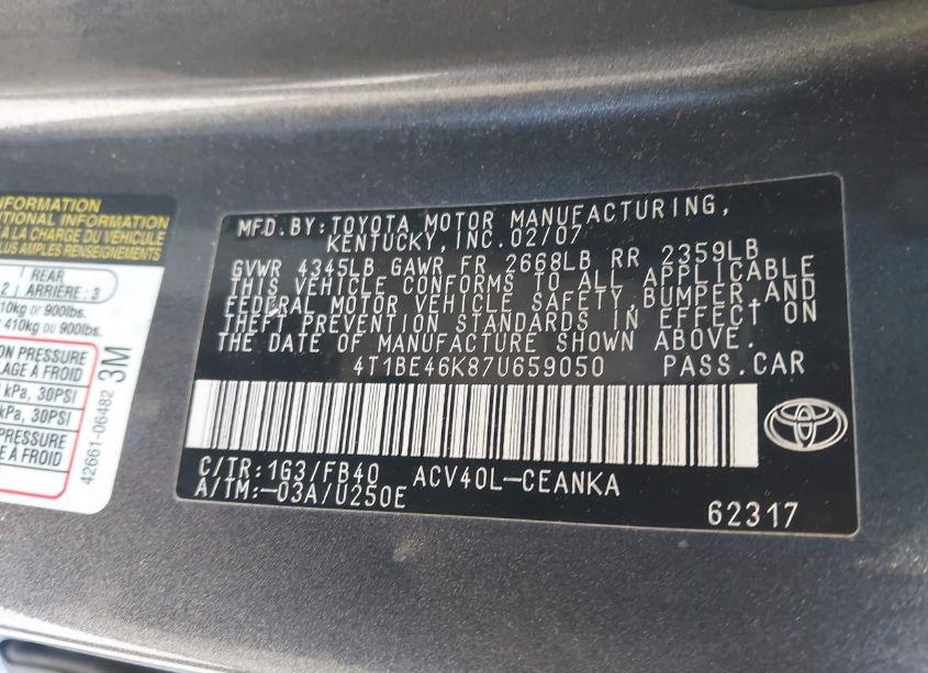 Photo 9 of 2007 Toyota Camry LE (VIN 4T1BE46K87U659050)