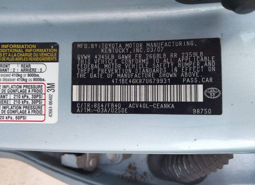 Photo 9 of 2007 Toyota Camry LE (VIN 4T1BE46K87U679931)