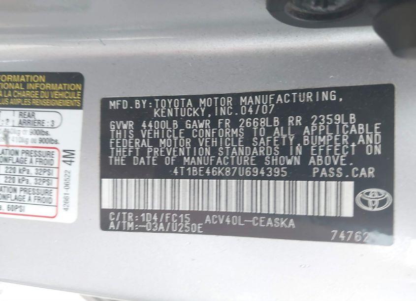 Photo 9 of 2007 Toyota Camry SE (VIN 4T1BE46K87U694395)