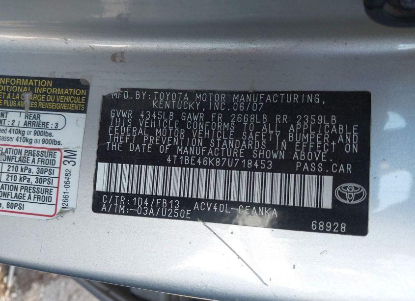 Photo 9 of 2007 Toyota Camry LE (VIN 4T1BE46K87U718453)