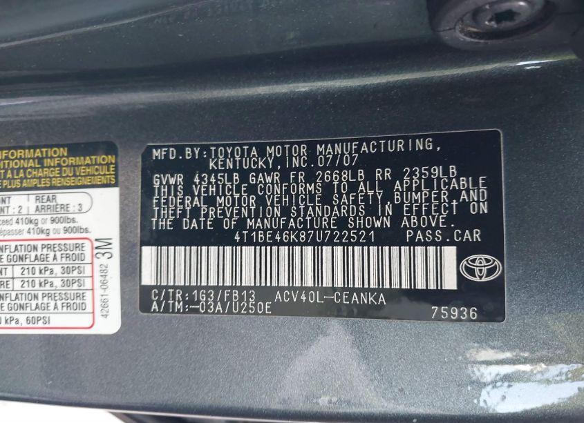 Photo 9 of 2007 Toyota Camry LE (VIN 4T1BE46K87U722521)