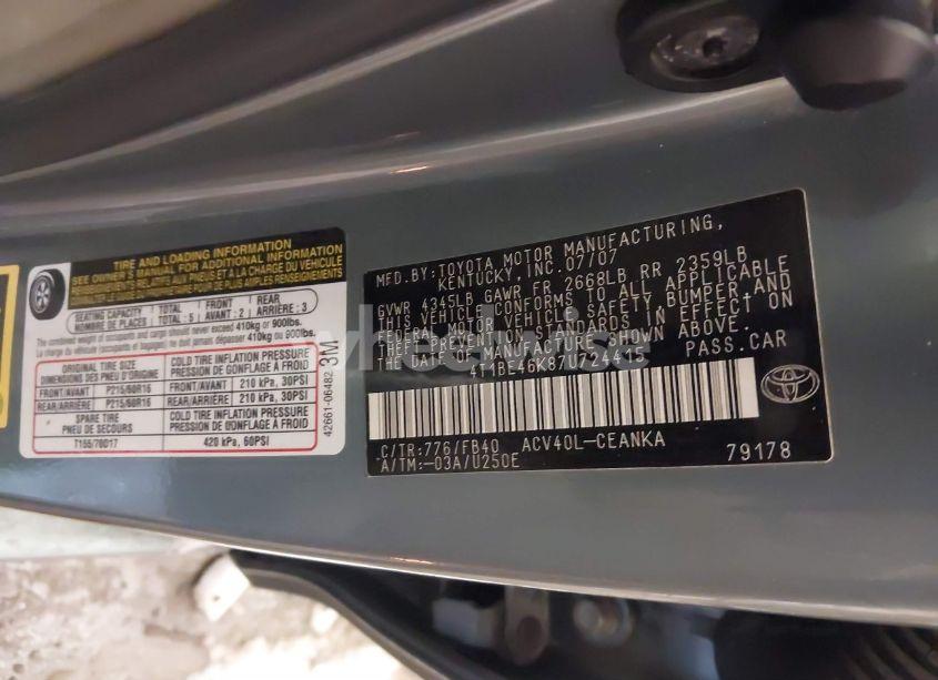 Photo 9 of 2007 Toyota Camry LE (VIN 4T1BE46K87U724415)