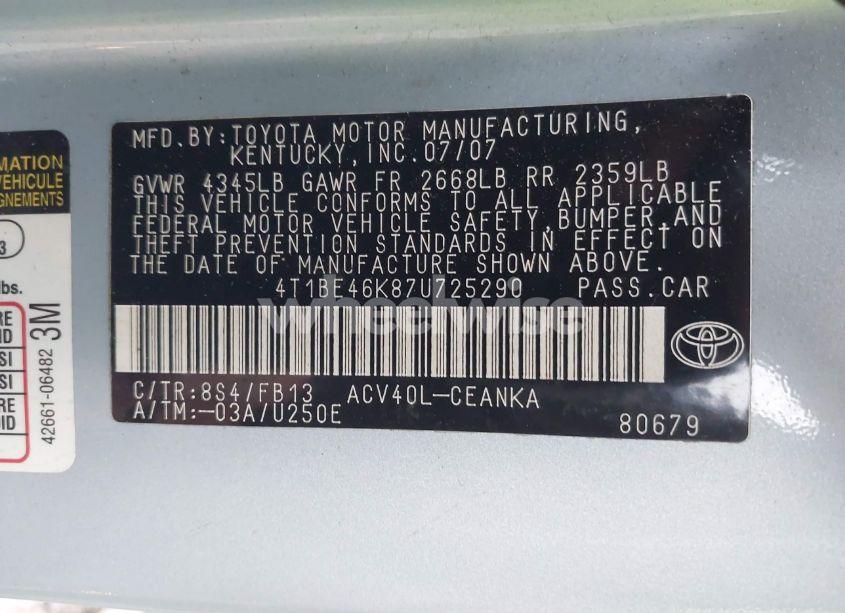 Photo 9 of 2007 Toyota Camry LE (VIN 4T1BE46K87U725290)