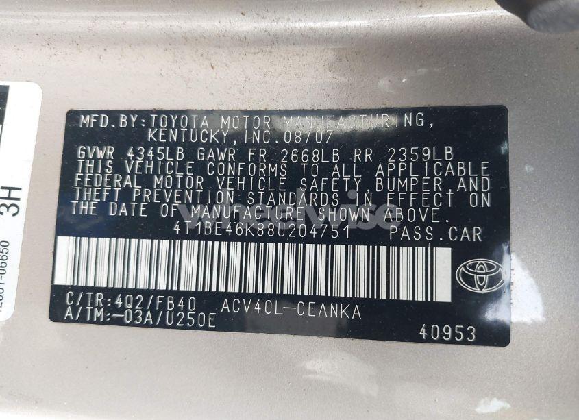 Photo 9 of 2008 Toyota Camry LE (VIN 4T1BE46K88U204751)