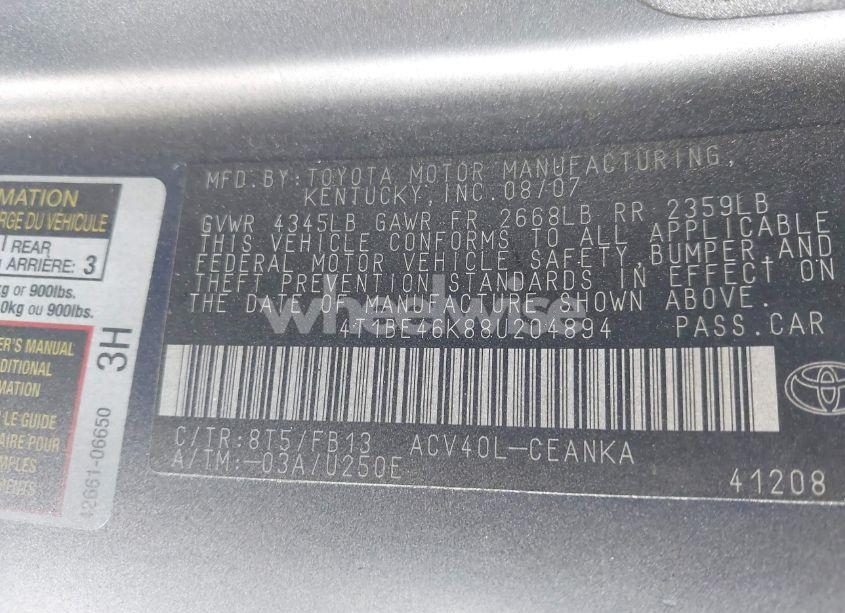 Photo 9 of 2008 Toyota Camry (VIN 4T1BE46K88U204894)