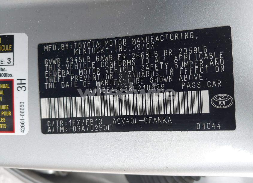 Photo 9 of 2008 Toyota Camry LE (VIN 4T1BE46K88U210629)