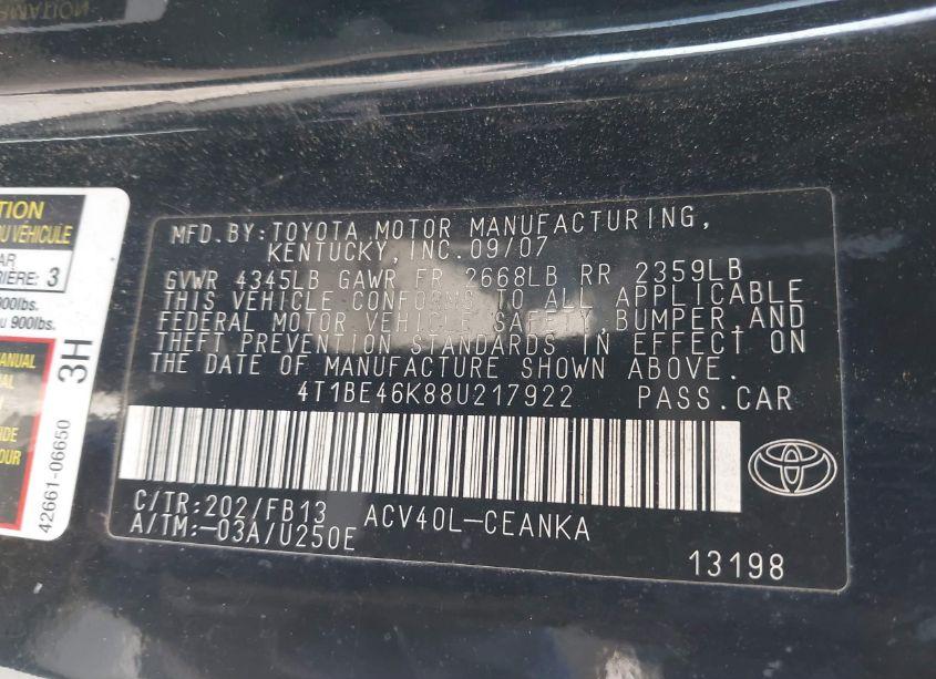 Photo 9 of 2008 Toyota Camry LE (VIN 4T1BE46K88U217922)