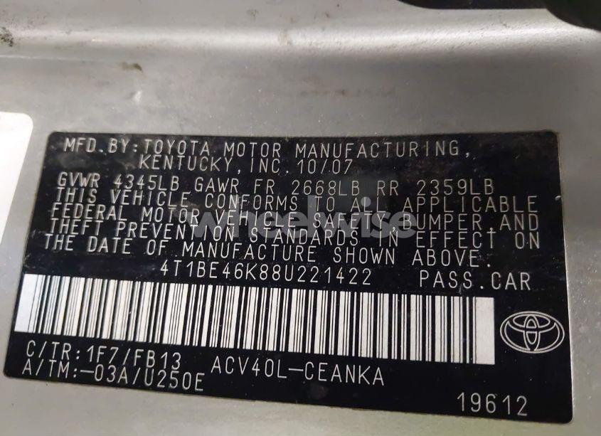 Photo 9 of 2008 Toyota Camry LE (VIN 4T1BE46K88U221422)