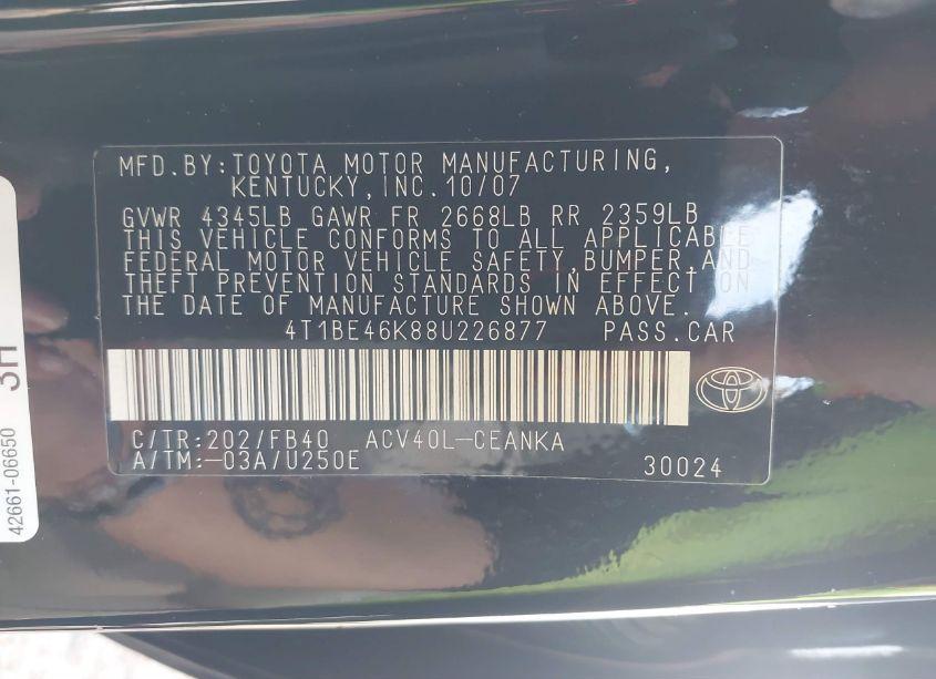 Photo 9 of 2008 Toyota Camry (VIN 4T1BE46K88U226877)