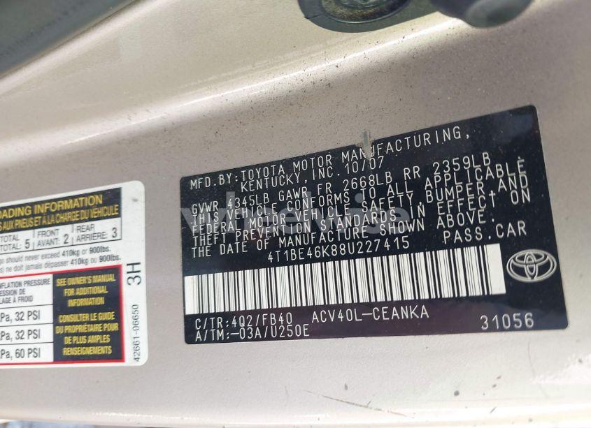 Photo 9 of 2008 Toyota Camry LE (VIN 4T1BE46K88U227415)