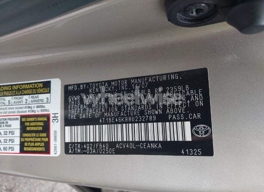 Photo 9 of 2008 Toyota Camry CE/LE/XLE/SE (VIN 4T1BE46K88U232789)