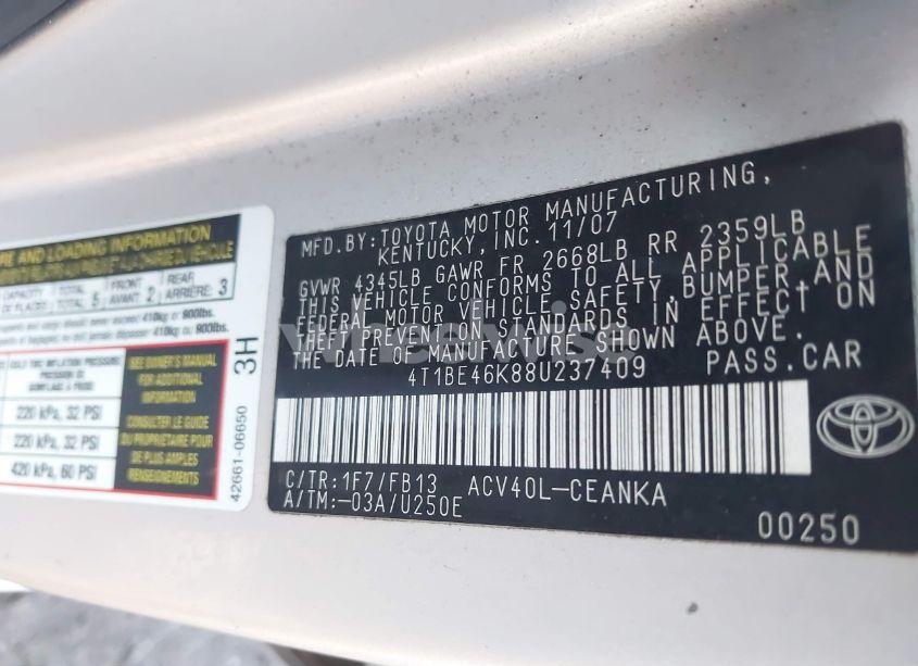 Photo 9 of 2008 Toyota Camry LE (VIN 4T1BE46K88U237409)