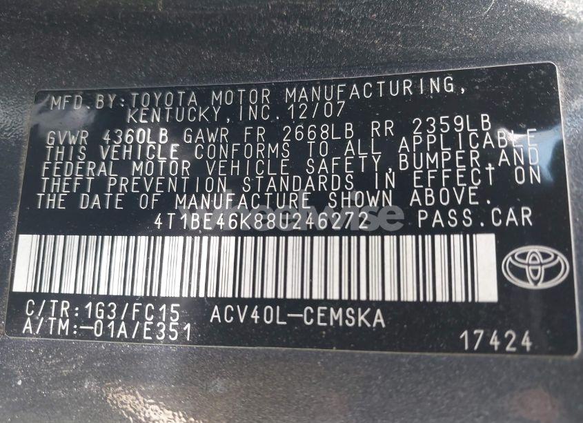 Photo 9 of 2008 Toyota Camry SE (VIN 4T1BE46K88U246272)