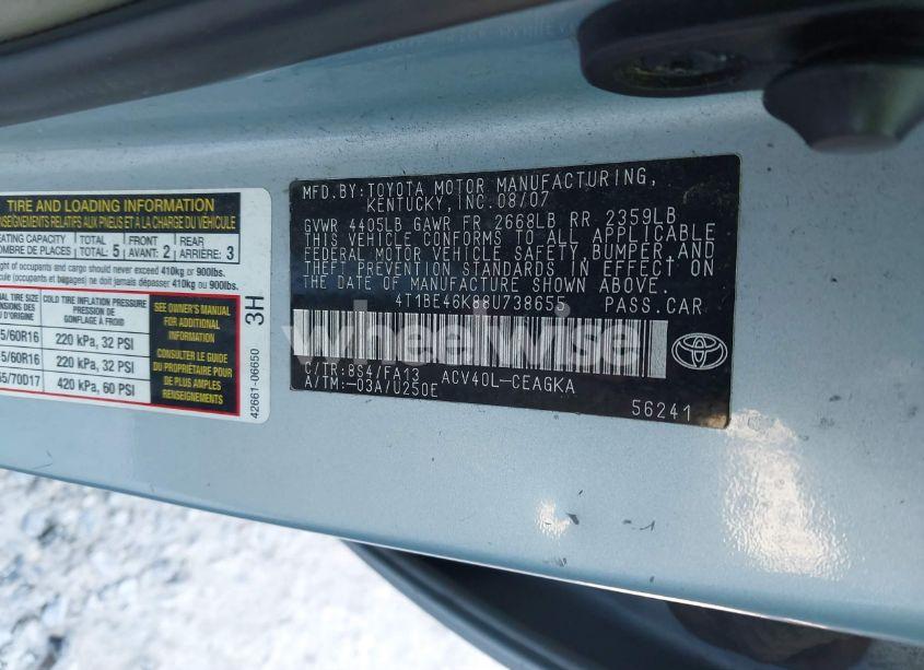 Photo 9 of 2008 Toyota Camry XLE (VIN 4T1BE46K88U738655)