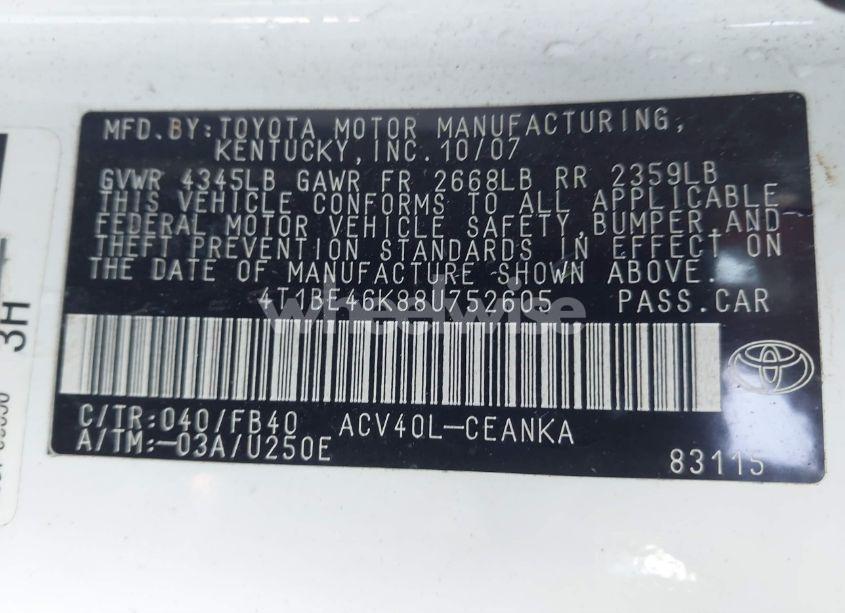 Photo 9 of 2008 Toyota Camry (VIN 4T1BE46K88U752605)