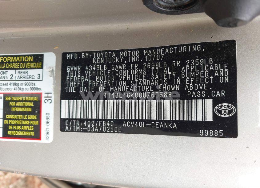 Photo 9 of 2008 Toyota Camry LE (VIN 4T1BE46K88U760588)