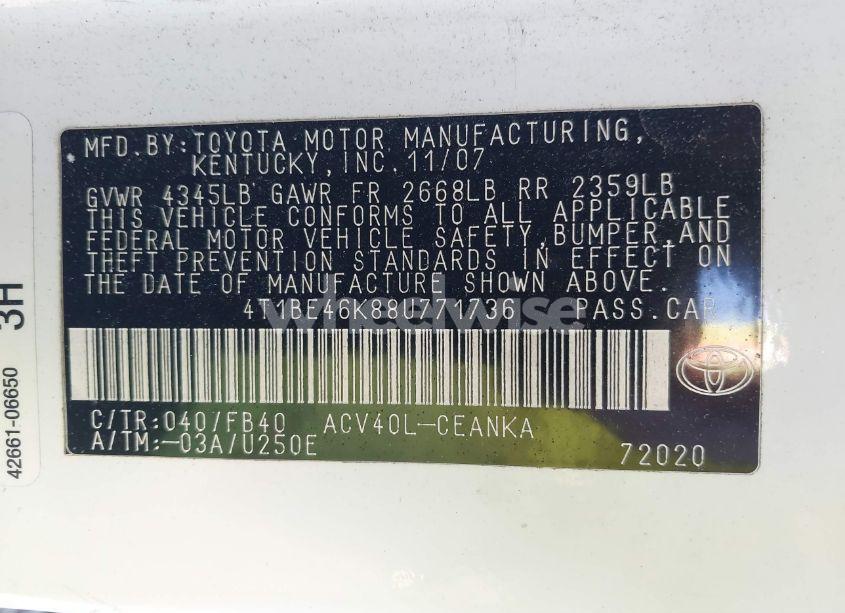 Photo 9 of 2008 Toyota Camry LE (VIN 4T1BE46K88U771736)