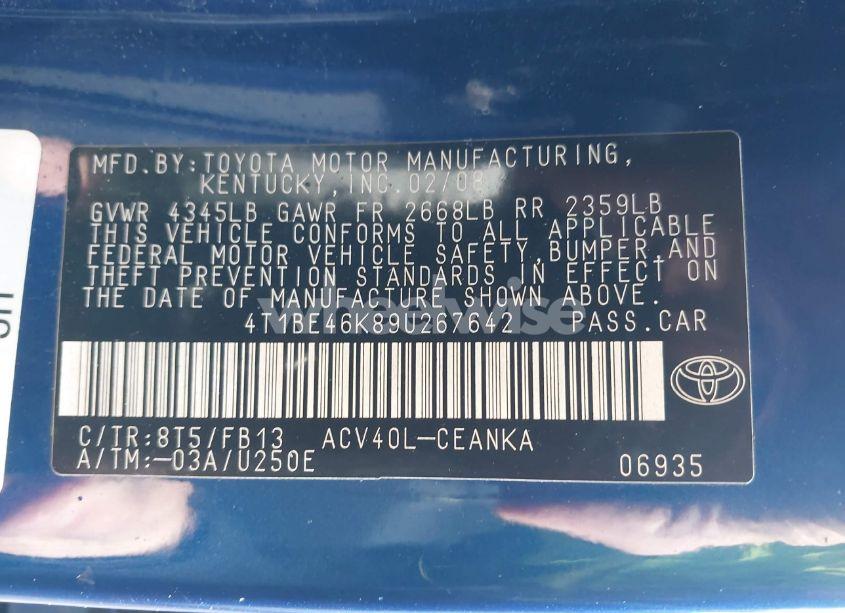 Photo 9 of 2009 Toyota Camry LE (VIN 4T1BE46K89U267642)