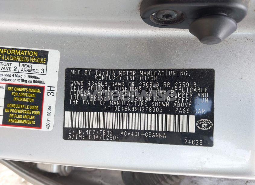 Photo 9 of 2009 Toyota Camry (VIN 4T1BE46K89U278303)