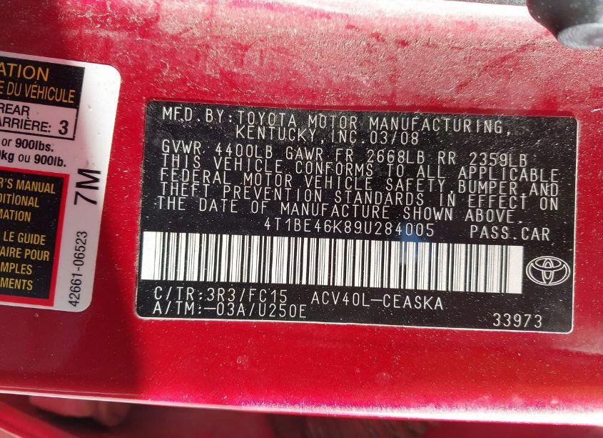 Photo 9 of 2009 Toyota Camry SE (VIN 4T1BE46K89U284005)