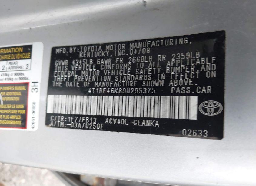 Photo 9 of 2009 Toyota Camry (VIN 4T1BE46K89U295375)