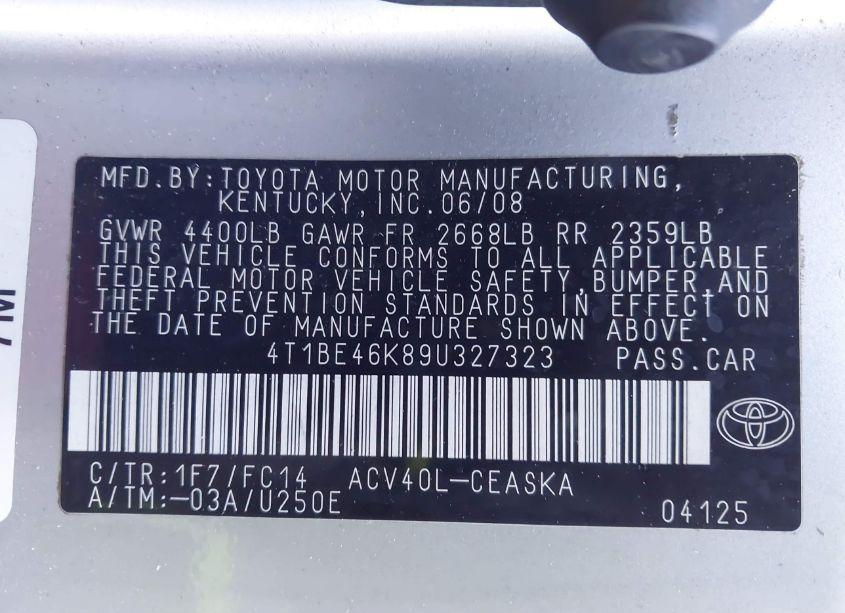 Photo 9 of 2009 Toyota Camry SE (VIN 4T1BE46K89U327323)