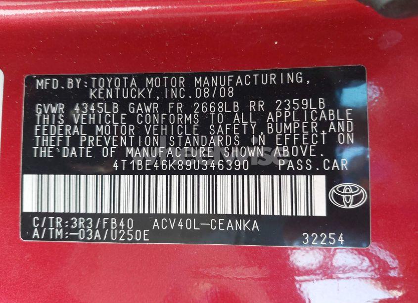 Photo 9 of 2009 Toyota Camry LE (VIN 4T1BE46K89U346390)